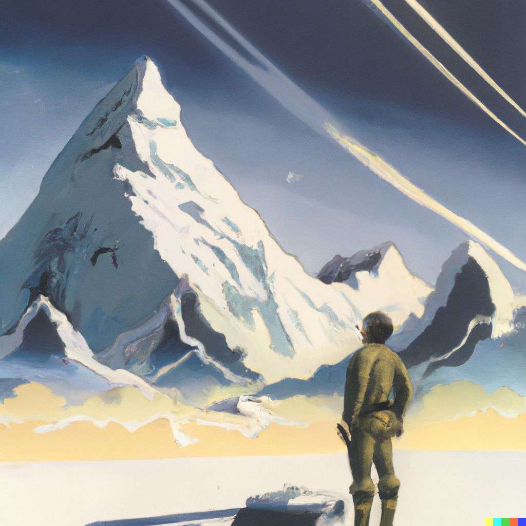 someone gazing at Mount Everest, by Syd Mead